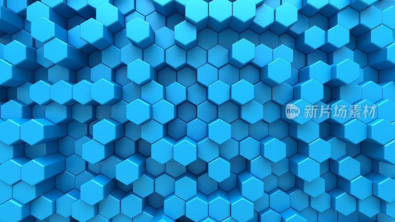 蓝色数字技术背景与钢六角单元。蜂窝结构的三维抽象插图。