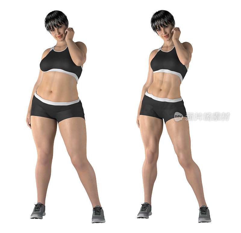 女性，站着，展示减肥前后，在白色背景上