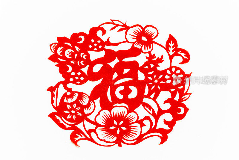 中国传统剪纸艺术图案、花窗。象征着幸福和好运。Animals-birds。中国新年装饰元素。汉字(福、寿、安、财、丰)