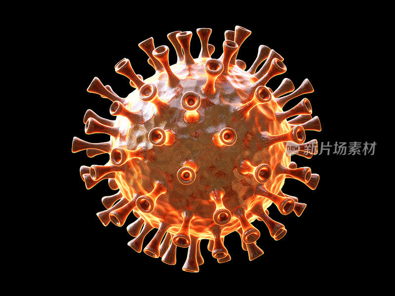 在黑色背景上分离出的冠状病毒细胞呈橙色发光，用于进一步合成