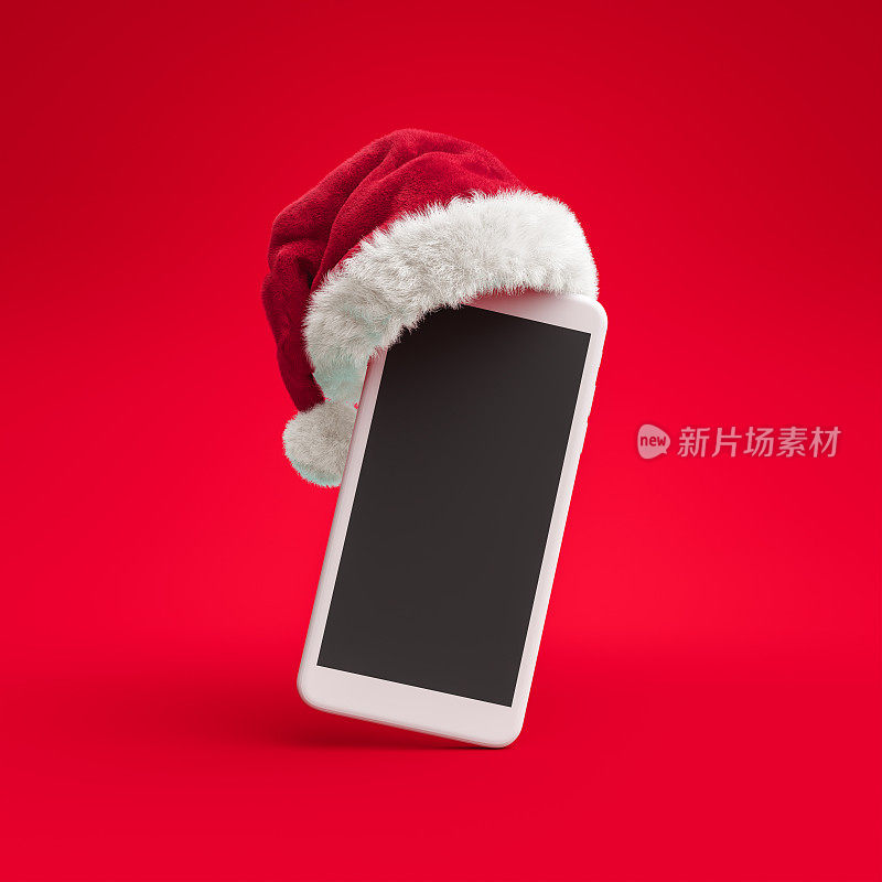 圣诞老人戴上智能手机，圣诞网上购物概念横幅，3d渲染