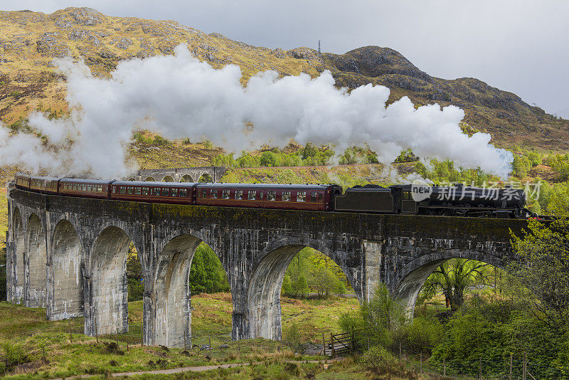 格兰芬南高架桥上的蒸汽火车。苏格兰。