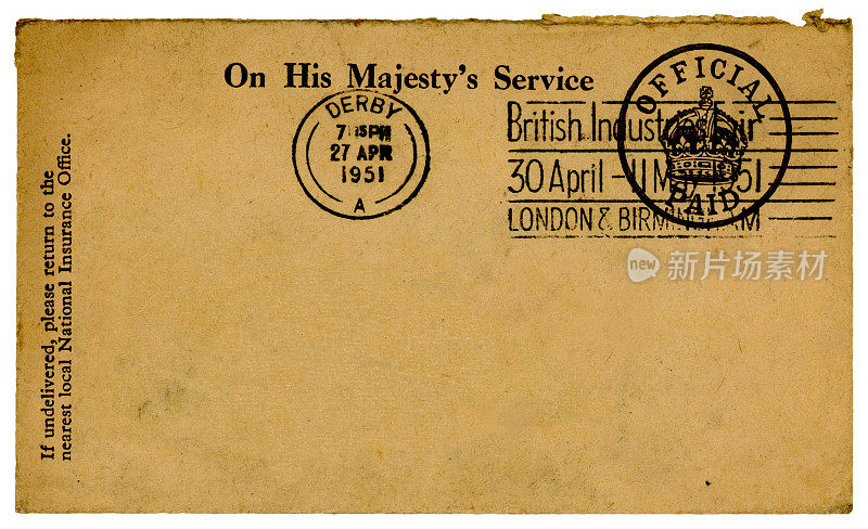 来自德比的旧英国国家保险信封，1951年