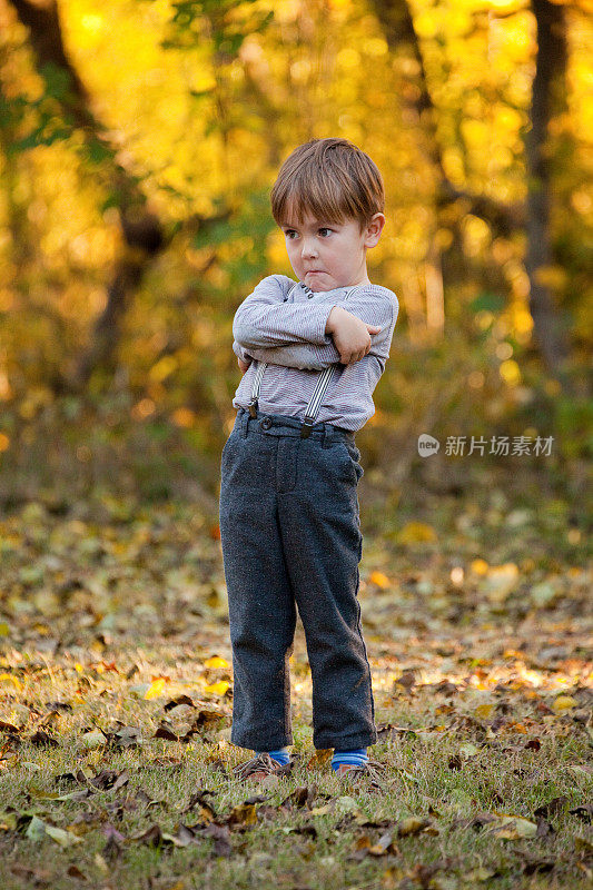 带着愤怒表情的小男孩在秋天的户外