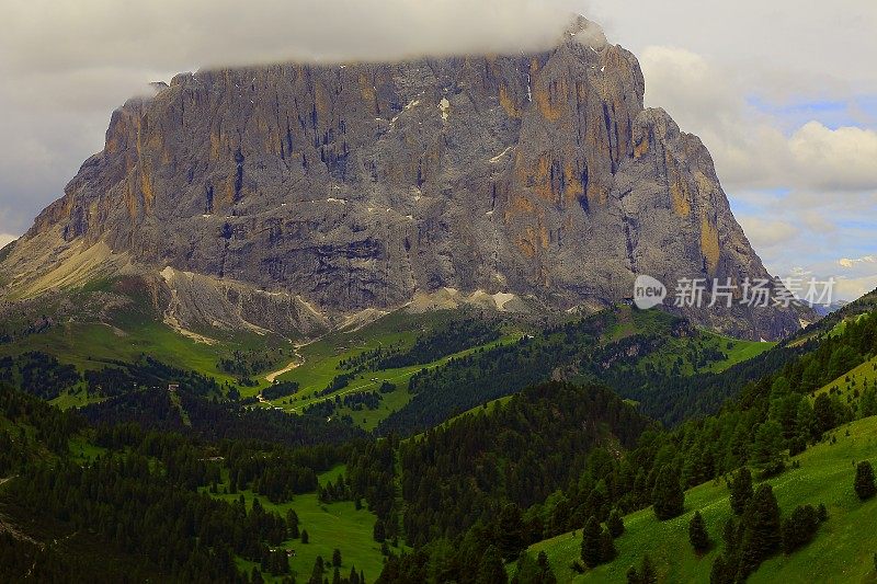 绿色的树林，Gardena山口，Dolomites，意大利泰洛阿尔卑斯山