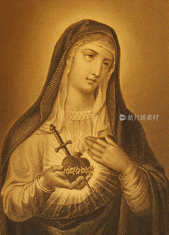 一幅描绘圣玛丽的古董蚀刻画的特写