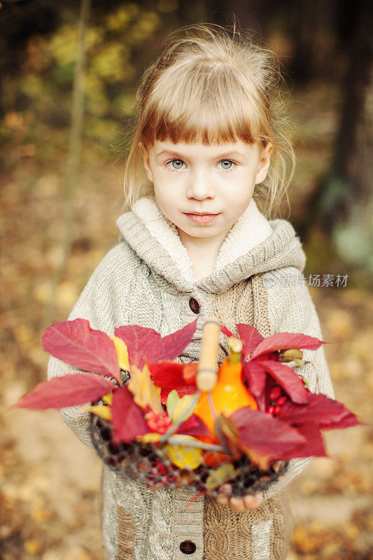 小女孩提着一个篮子，里面装着南瓜和秋叶