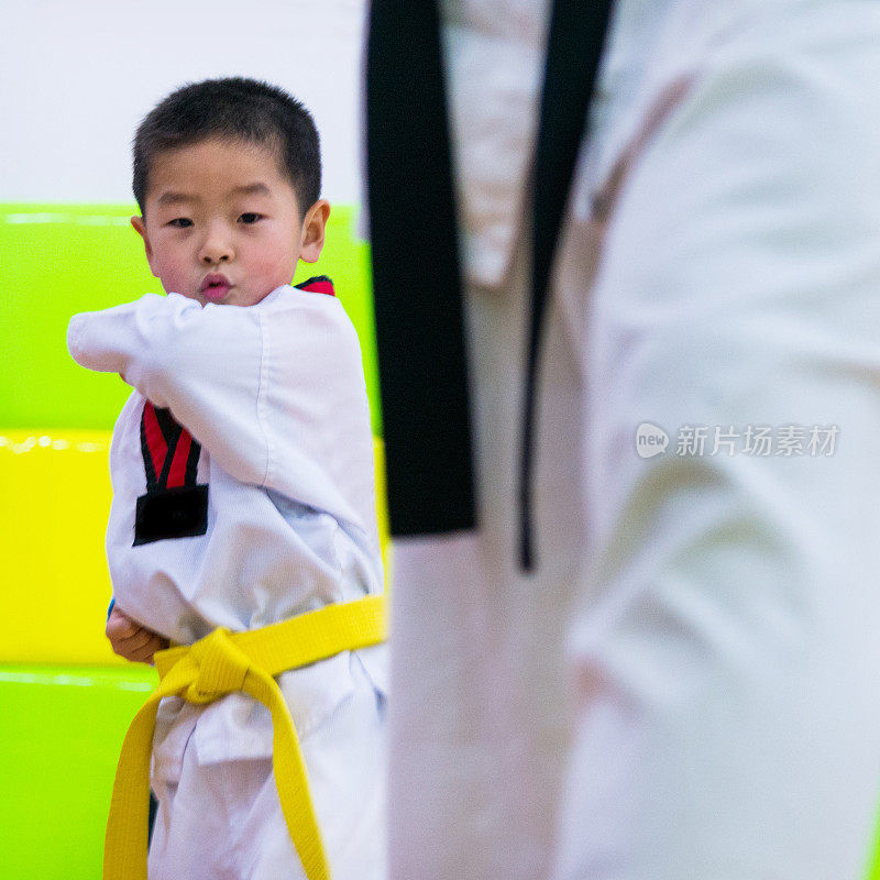 亚洲小男孩练习跆拳道