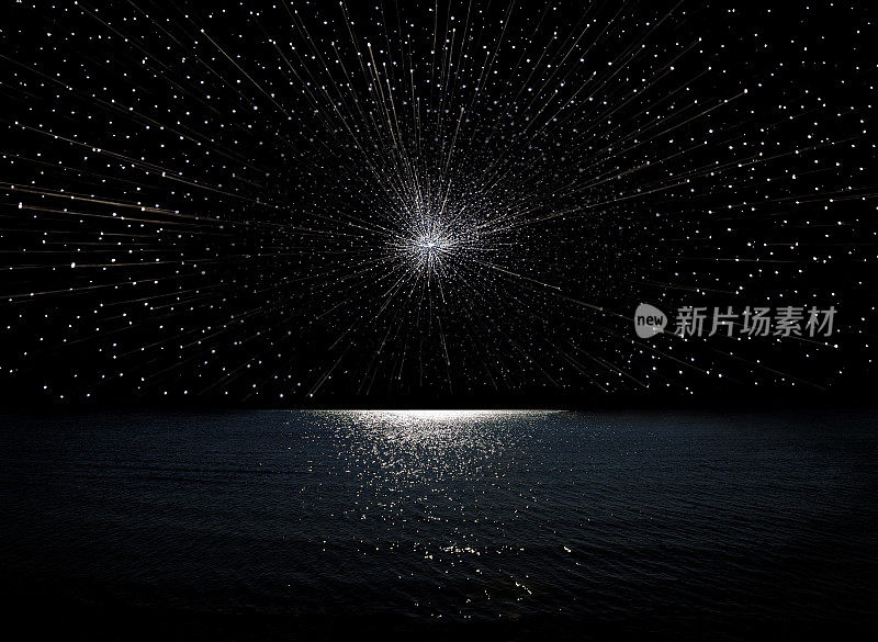 “大爆炸”的爆炸伴随着夜空，闪亮的海洋和无数的星星