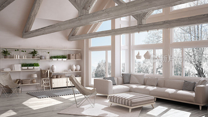 豪华生态住宅的客厅，拼花地板和木质屋顶桁架，冬季草地全景窗，现代白色室内设计