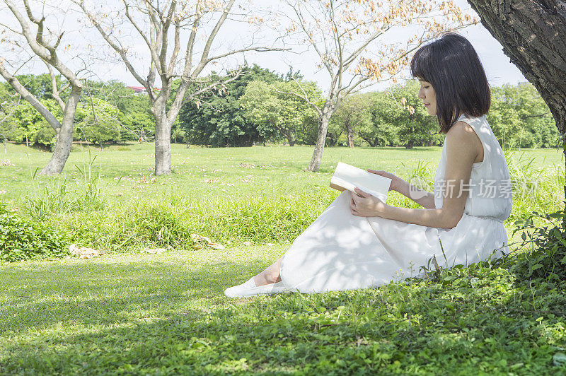 年轻女人坐在草地上看书
