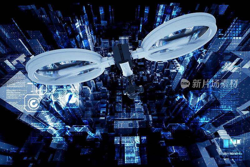 无人机在城市物流3D未来电路城市飞行