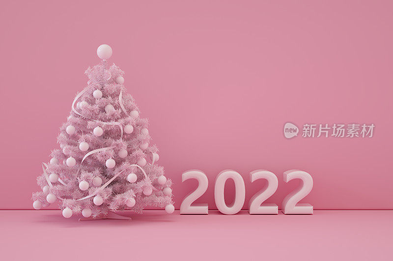 2022年圣诞树，新年，最小的粉红色背景