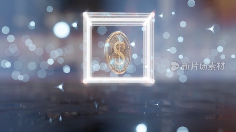 在一个透明的玻璃立方体上旋转硬币，三维循环的几何背景场景动画。