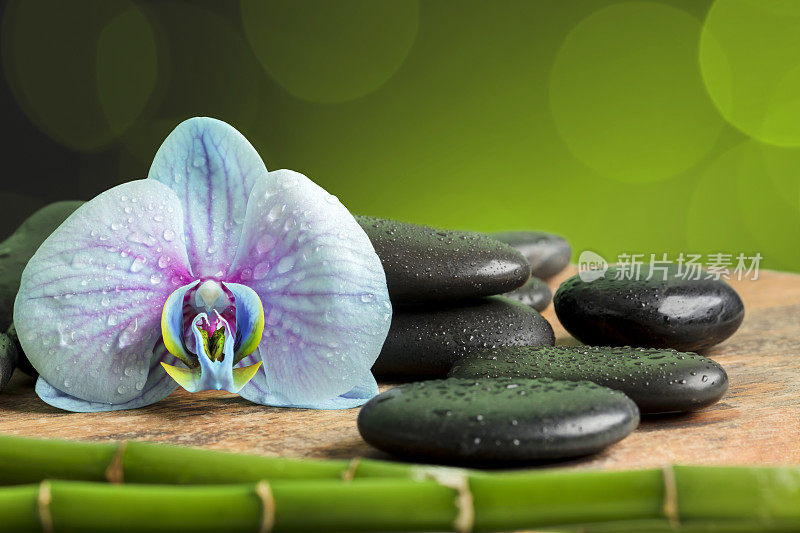 水疗概念-黑色按摩石，兰花和竹杆在绿色的散景背景
