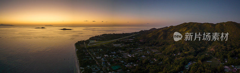 普拉林岛海滩大安西海岸日落全景塞舌尔