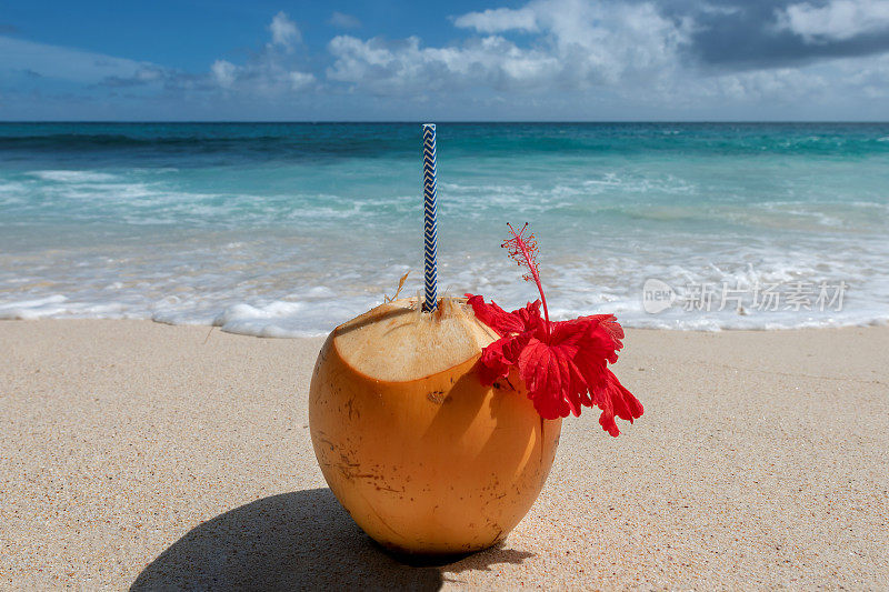 在沙滩和大海上享受新鲜的椰子汁