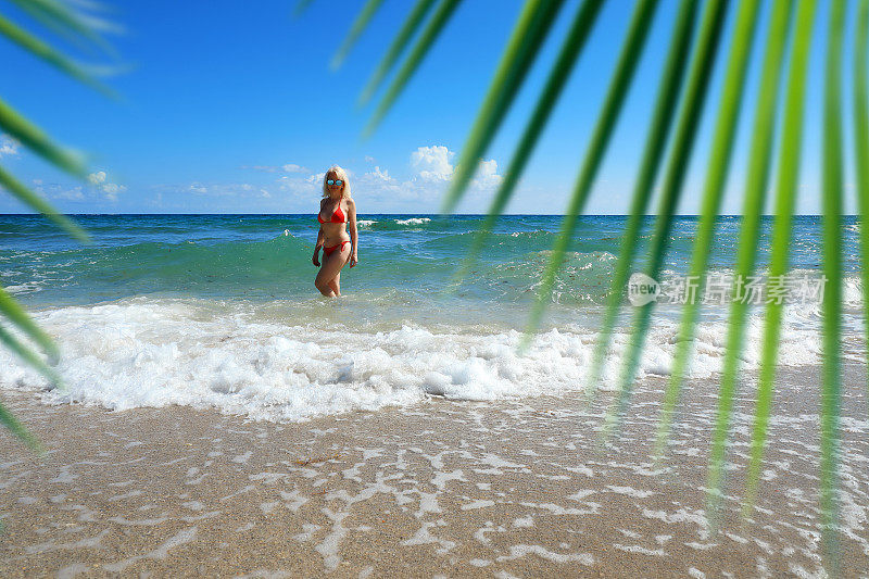 美丽的金发女人在比基尼享受新鲜的热带海滩假日