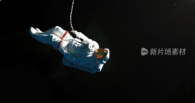 3D渲染的宇航员在黑色的背景上穿着白色的宇航服