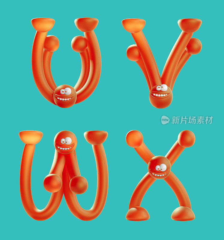 可爱的橙色人类的3d渲染成英文字母的形状