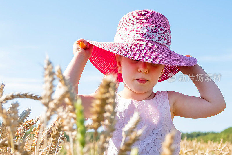 一个4岁的白人女孩戴着一顶粉红色的帽子，在夏日的阳光下，背景是一片麦田