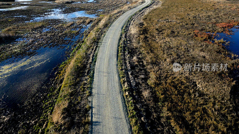 从上方穿过北加州野生动物保护区湿地的道路