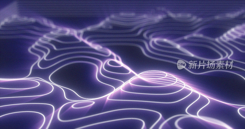 抽象的紫色未来高科技景观与山脉和峡谷从发光的能量圈和神奇的线条背景