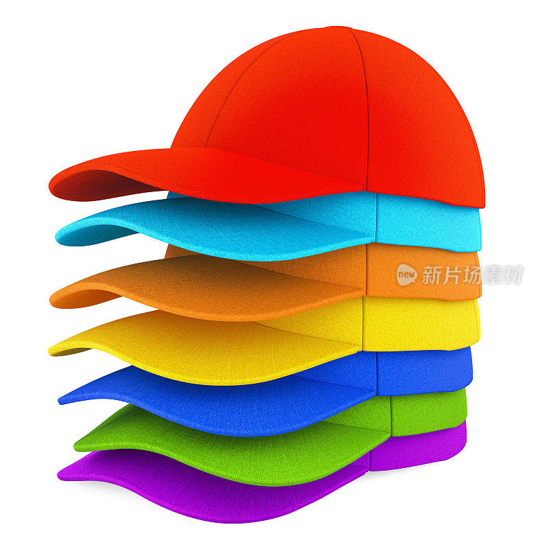 一叠彩色棒球帽。三维渲染