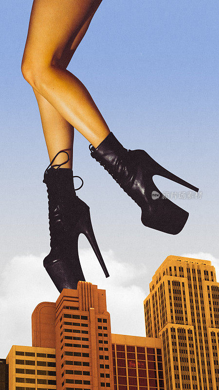 舞蹈表演。即将到来的扶轮社活动的宣传海报。穿着高跟鞋站在摩天大楼顶端的女性巨幅图像。当代艺术拼贴。