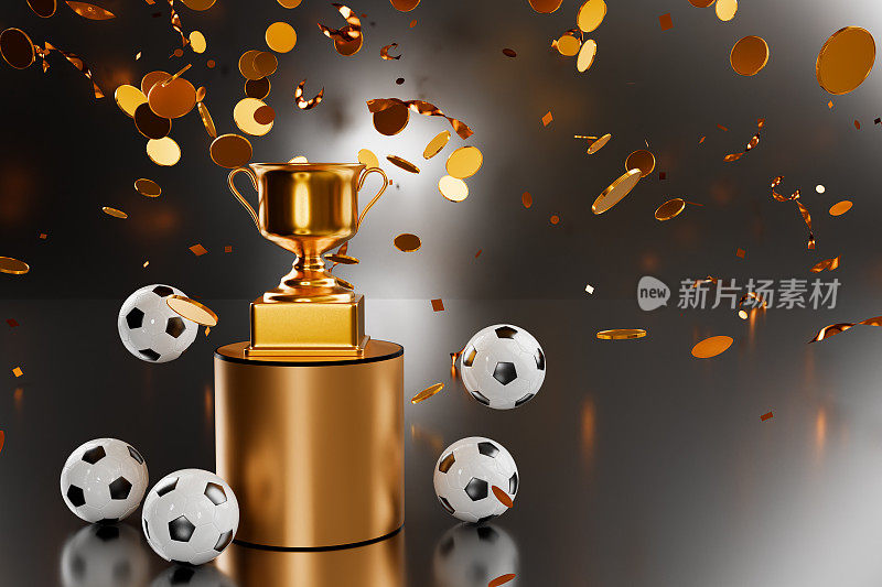 金色的冠军奖杯放在被足球和五彩纸屑硬币包围的基座上。三维渲染