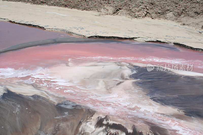 纳米比亚斯瓦科普蒙德，带有红色微生物的盐蒸发池