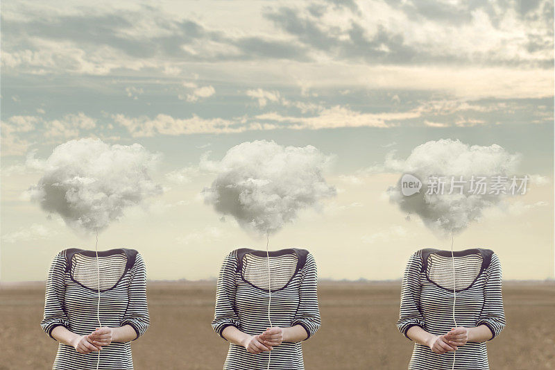三个平等的人用一团云遮住了自己的脸，概念上的形象
