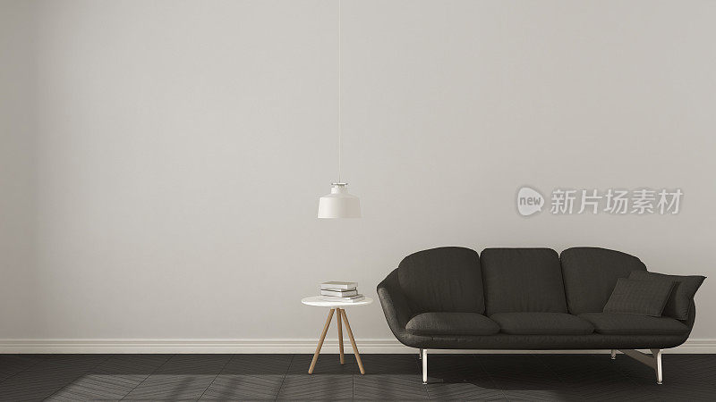 斯堪的纳维亚极简主义背景，灰色沙发上人字形天然拼花地板，室内设计