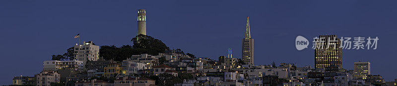 旧金山科伊特塔泛美金字塔灯光全景