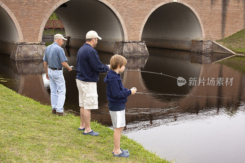 爷爷、爸爸和儿子一起钓鱼。人。池塘,公园。