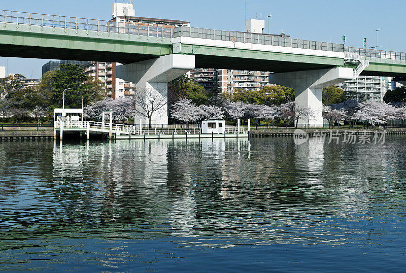 船停靠在大阪高速公路下的河流上