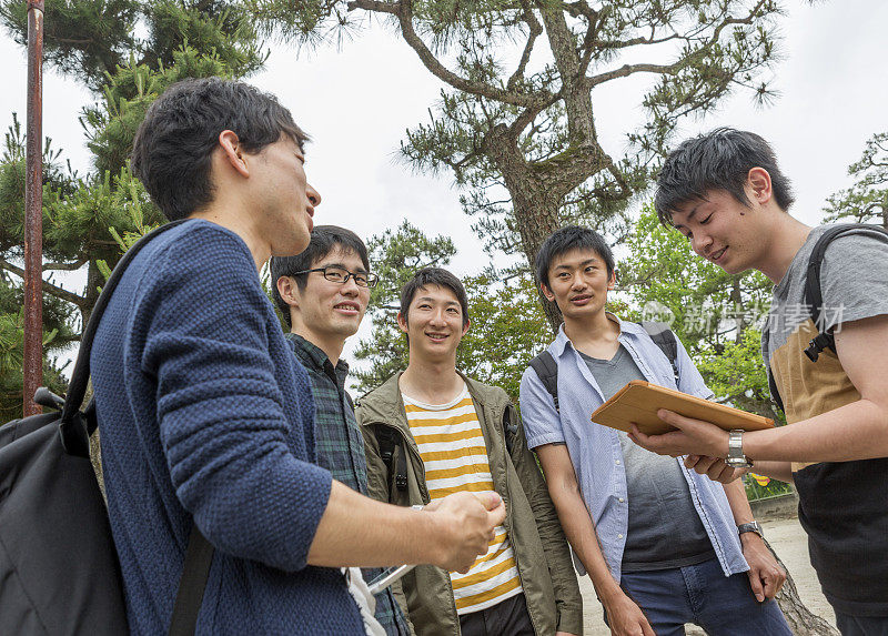 日本学生与朋友在日本京都查看记事本