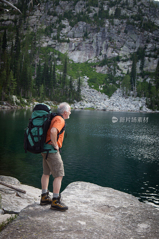 背包客在高山湖边休息。