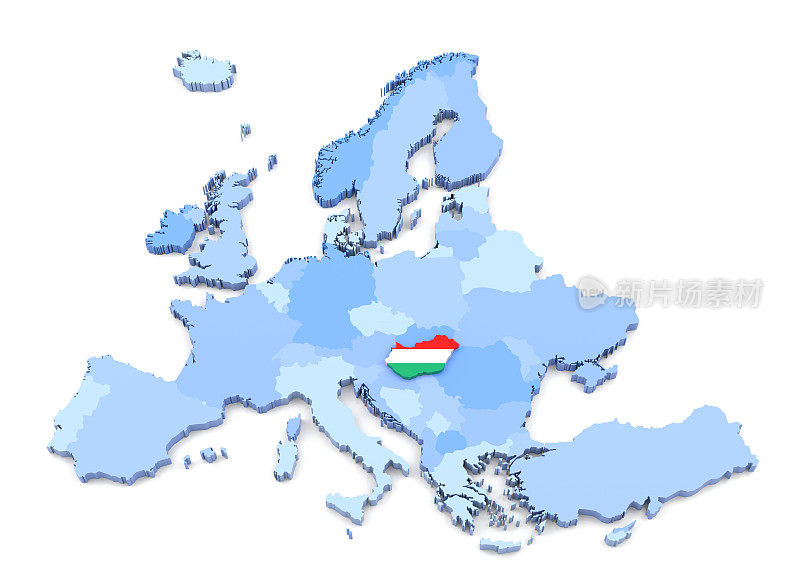 欧洲地图，匈牙利与旗帜