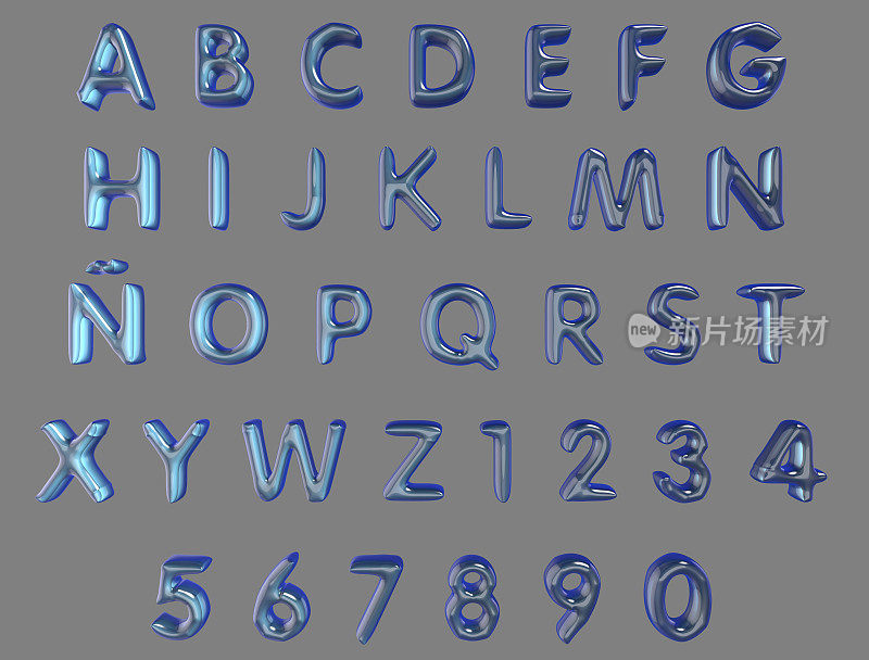 字母和数字从蓝色气球孤立(剪辑路径包括)在灰色背景