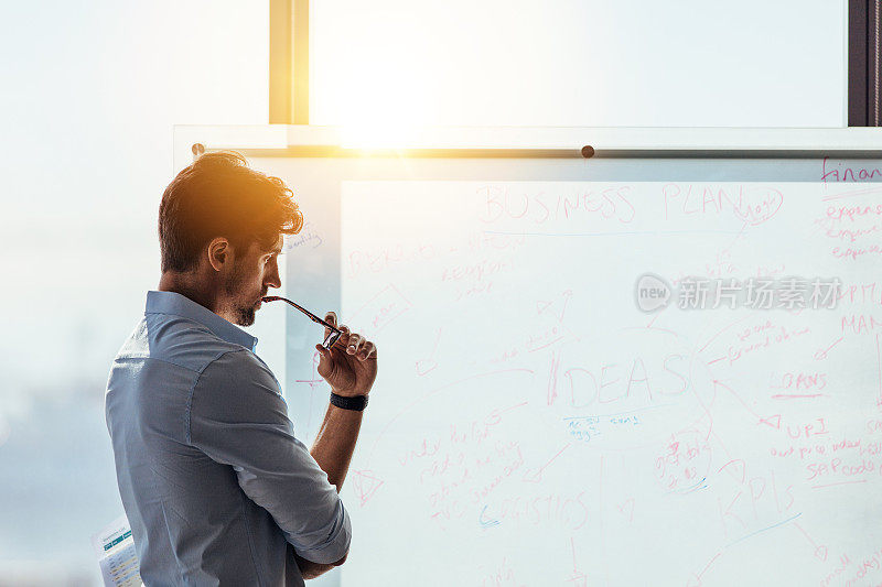 企业家把他的商业想法写在会议室的白板上。