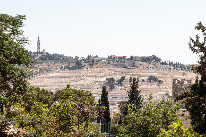 从耶路撒冷旧拖车的粪门看橄榄山耶路撒冷墓地，以色列