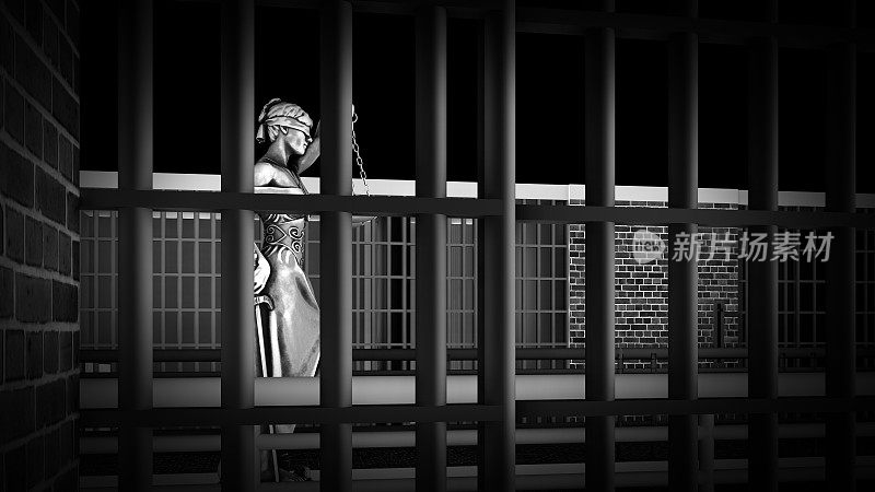 监狱酒吧和正义女神的3d渲染