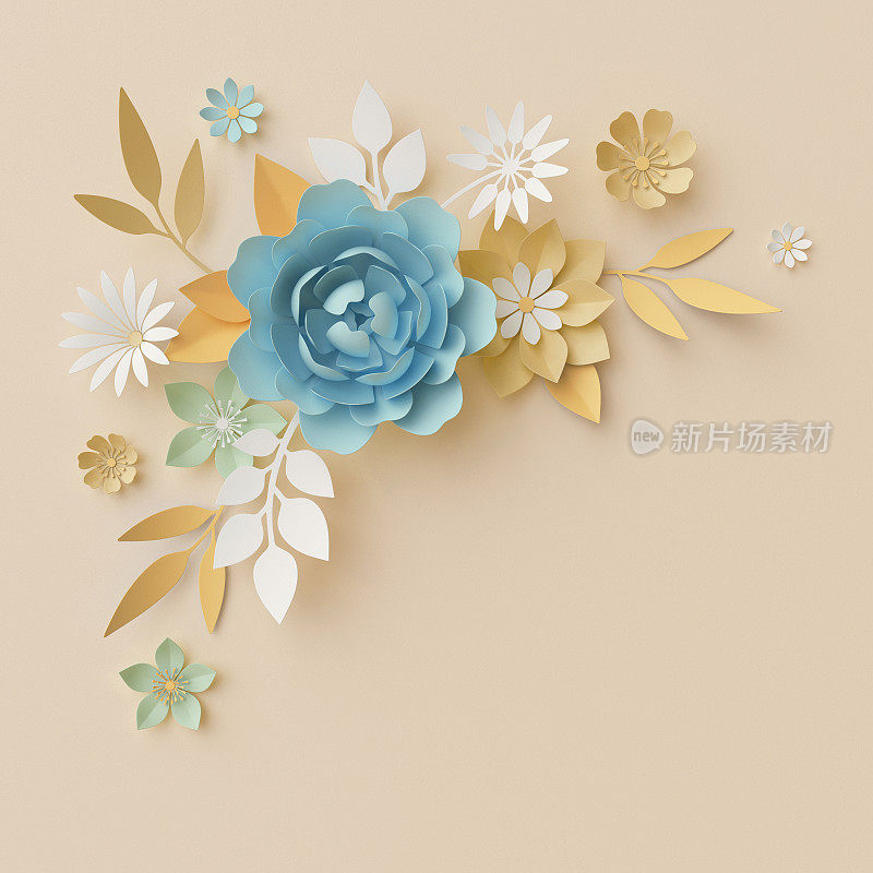 3d渲染，蜡笔纸花，植物设计，角落元素，美丽的花束，孤立的花卉剪辑艺术，苗圃墙装饰，淡蓝色，玫瑰，牡丹，雏菊，叶子
