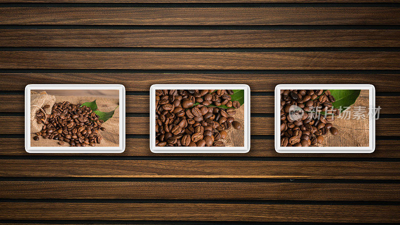 木桌上的咖啡豆拼贴画