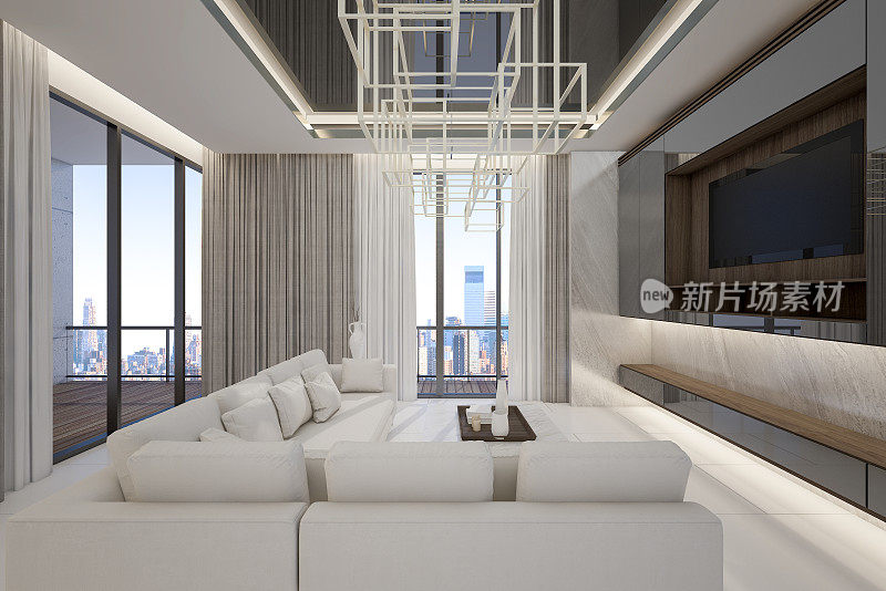 高层公寓顶层房间的豪华客厅与城市景观，3d渲染
