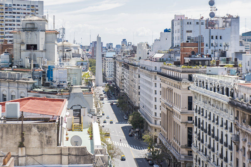 鸟瞰图罗克萨恩斯Peña大道和方尖碑在市中心布宜诺斯艾利斯，阿根廷。
