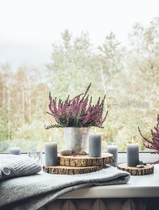 准备秋天。常见石南花在锌锅，家居装饰的想法。窗台上一套舒适的季节装饰。点着灰色蜡烛，木板，花盆里常见的粉红色石南花。
