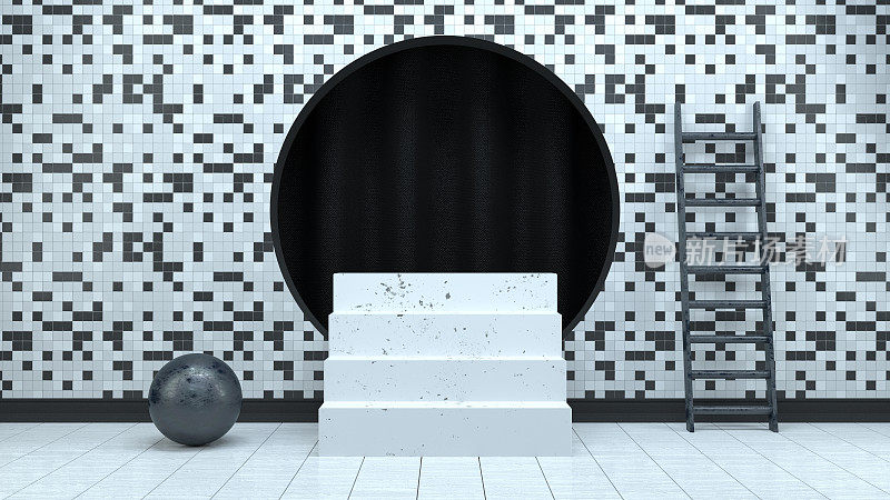 3D空楼梯产品架，平台，抽象的最小概念，黑白格子图案背景