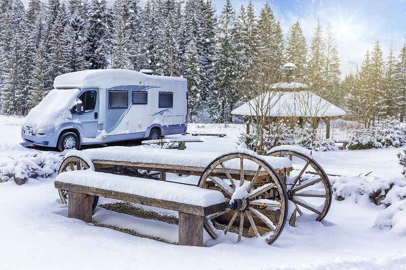 在波兰的度假-在野餐区被雪覆盖的房车